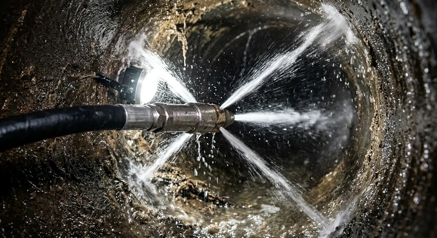 High-pressure hydro jetting nozzle cleaning sewer pipe for Storm Drain Cleaning in Nellis AFB
