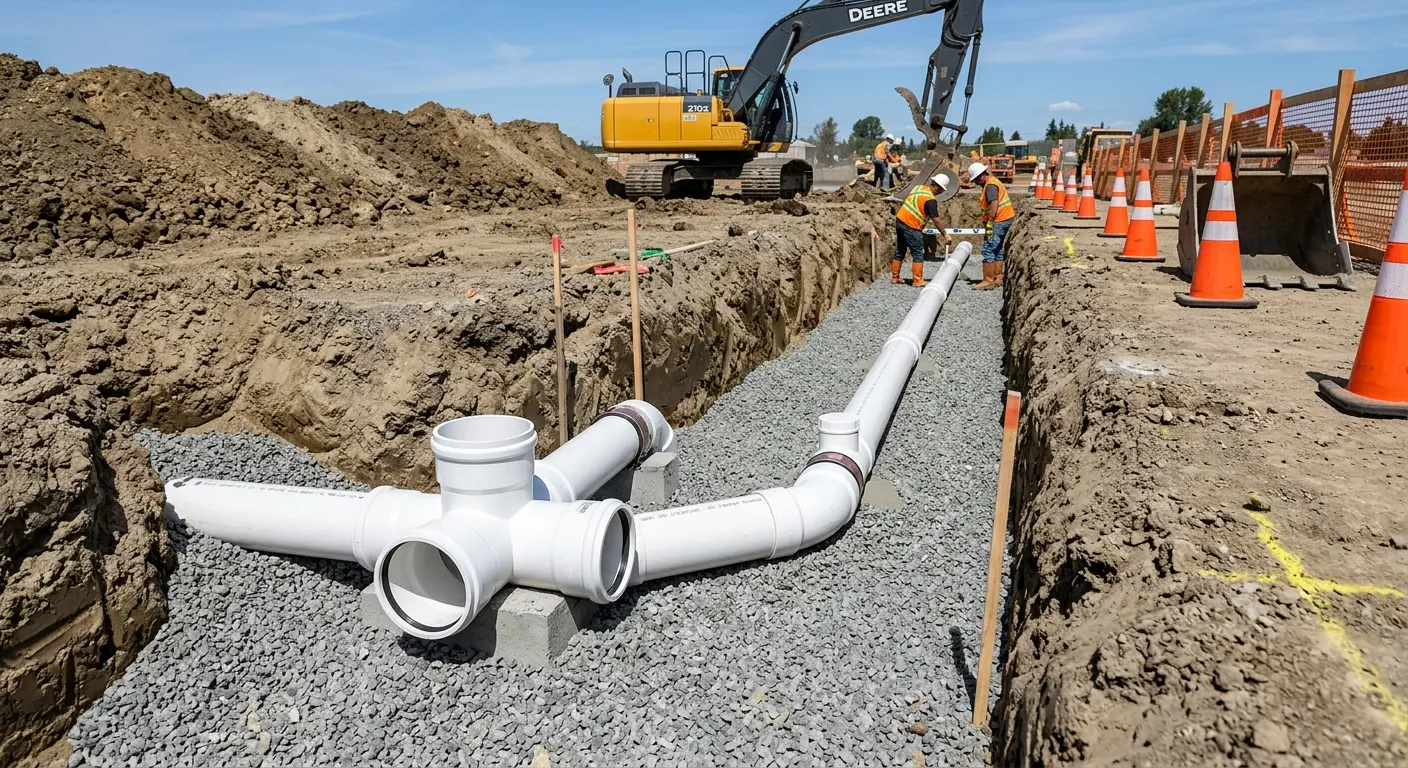 New PVC sewer pipe installation in open trench for Sewer Backup in Nellis AFB